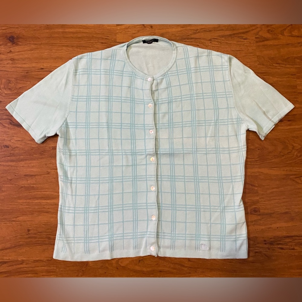 Burberry London Blue Plaid Short Sleeve Sweaters Size M Women's Cotton